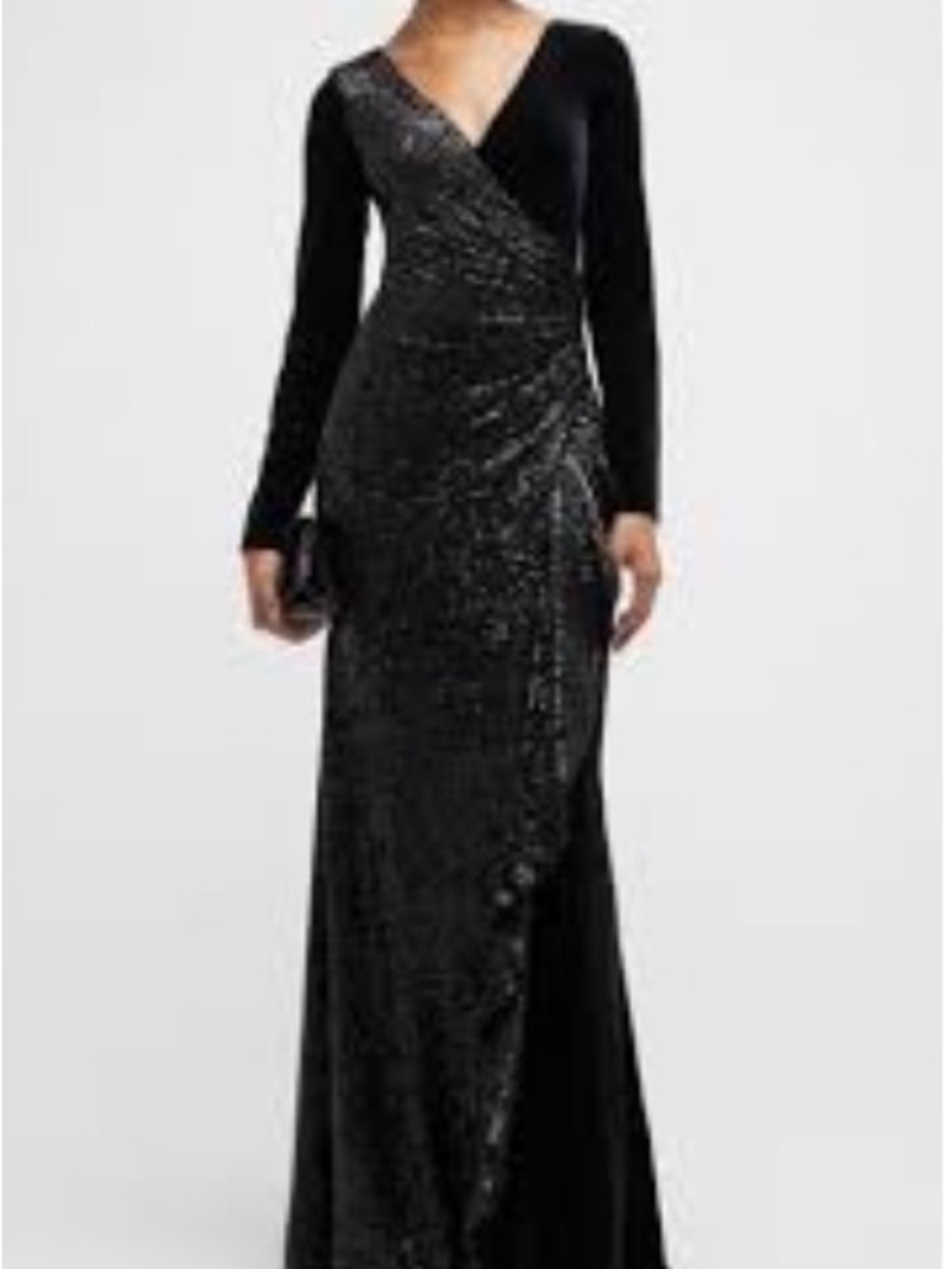 Rickie Freeman for Teri Jon-Black Long-Sleeve Draped Sequin Velvet Gown